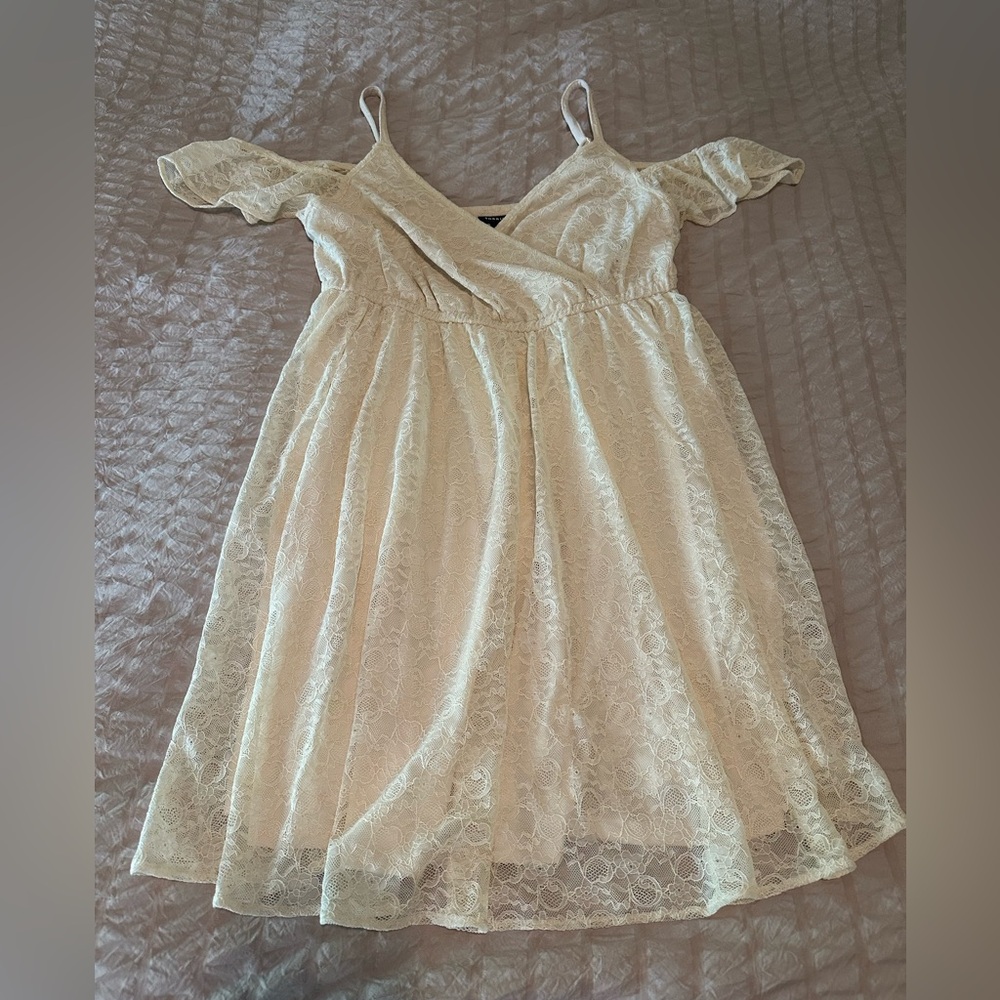 Cream Lace Overlay- faux wrap empire top- adjustable spaghetti straps-